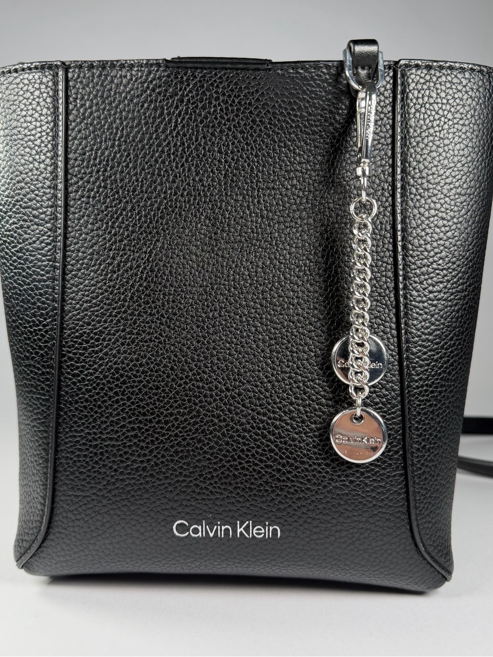 Calvin Klein Black Pebbled Leather Shoulder Bag with Chain Charm